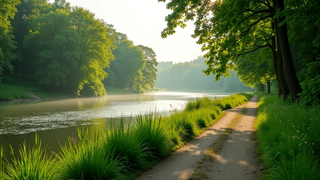Nevėžio krantinės takų aplinka, upės vaizdas, žaliasis kraštovaizdis